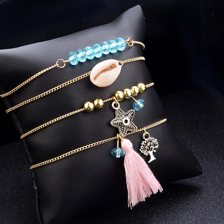 

New 4 pcs/set Vintage Bangle Tassels Shells Starfish Trees Bracelet Set for Women Statement Jewelry (KB8020, As picture