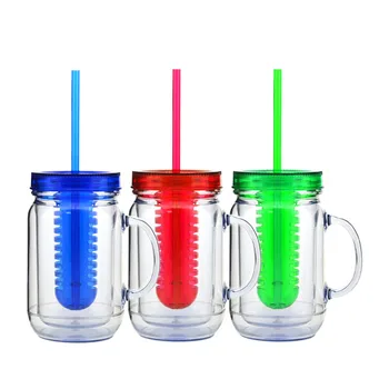 20 Oz Double Wall Plastic Straw Handle Mason Jars With Fruit Infuser ...