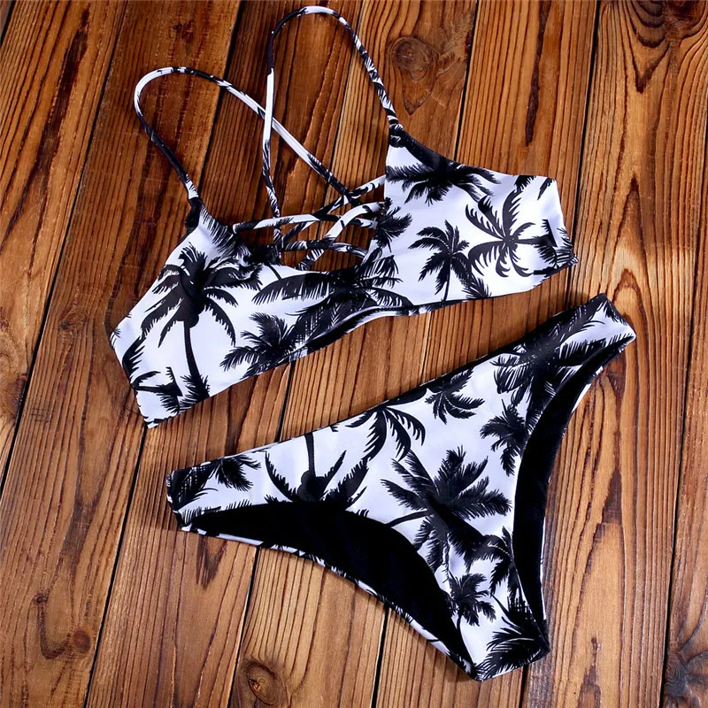 

Print Palm Tree Bikini Set 2017 black bikini Striped Swimsuit Padded black Swimwear cut out Bathing Suit maillot de bain femme, White black bikini