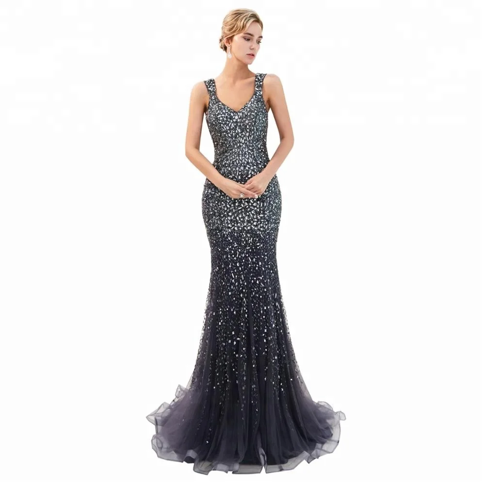 

2018 Women bead Party Gown Evening Sequin Party Dress Sleeveless V Neck Formal Dress Sexy Backless Appliques Long Evening Dress