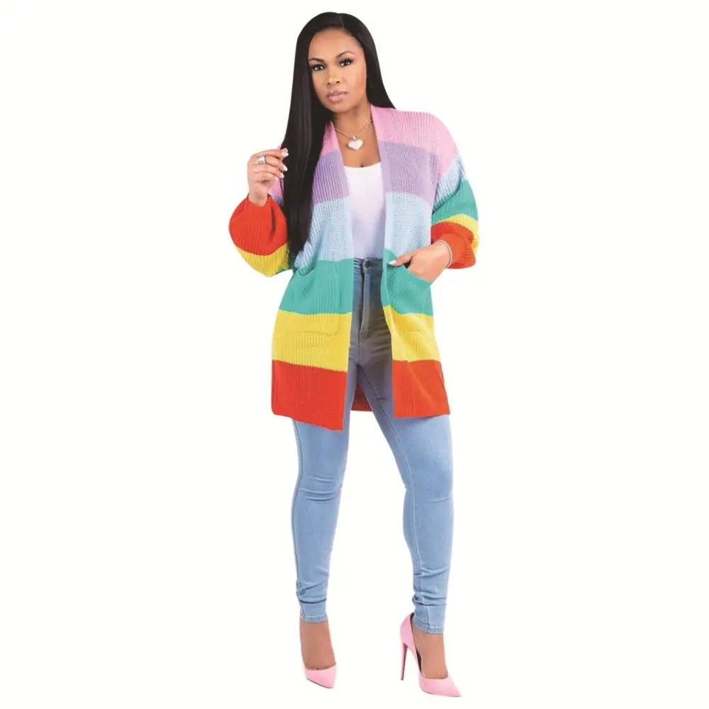 

Fashion Knitted Long Sleeve Sweater Women Rainbow Striped Long Cardigan Coat