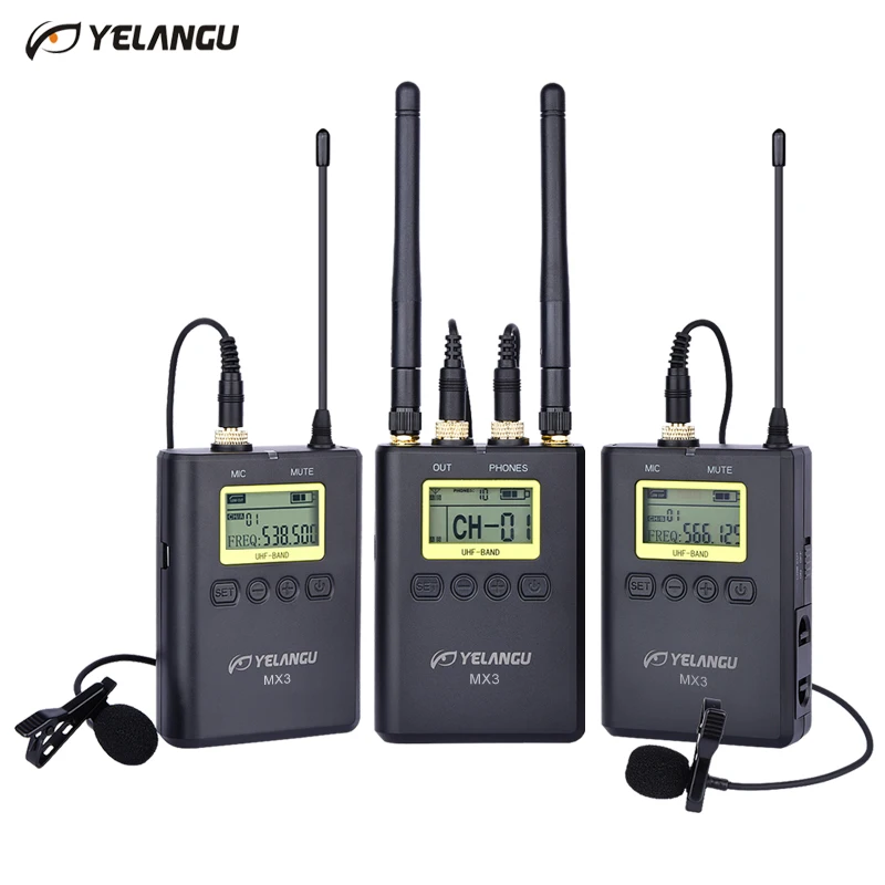 

YELANGU Newly Manufactured Professional Wireless Recording Microphones MX3 with Two Transmitters and a Receiver for DSLR Camera, Black