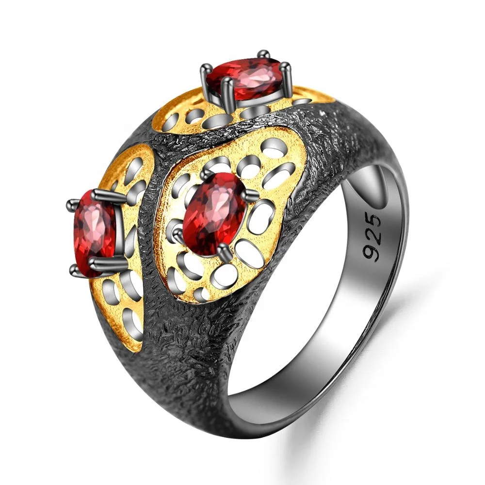 

Abiding fashion jewelry women natural gemstone red garnet gold plated wholesale 925 sterling silver ring