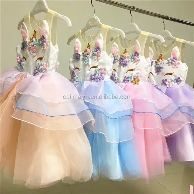 

No MOQ Fashion Girls Unicorn Dress Kids Summer Tulle Dresses, As shown