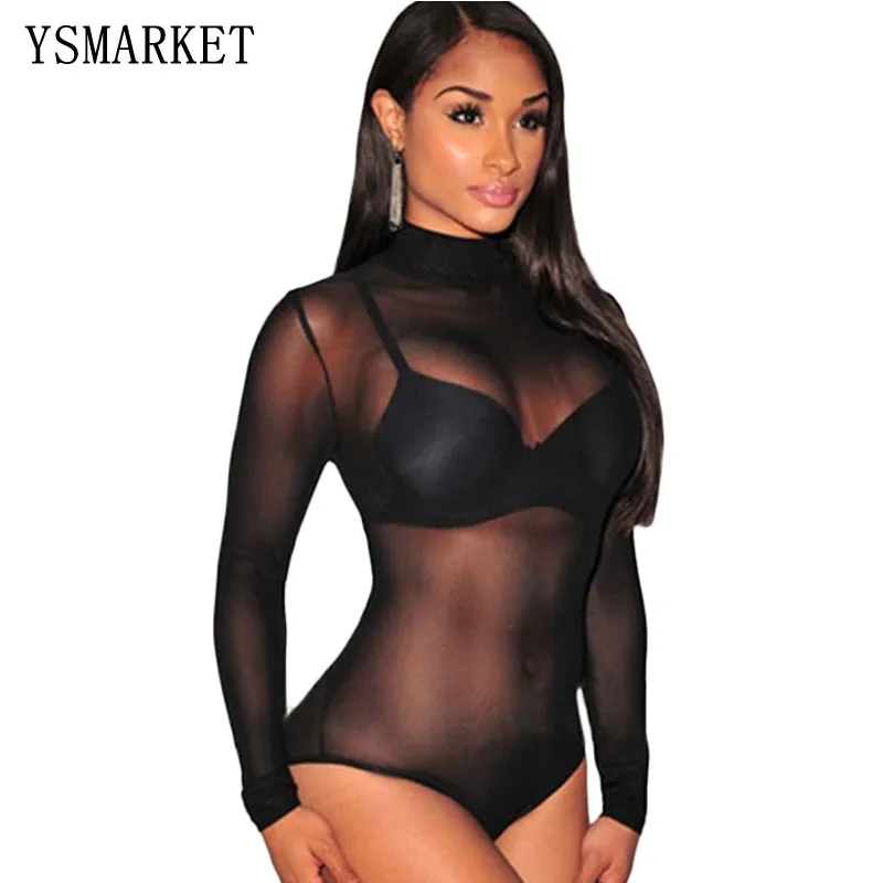 

Nude Transparent Teddy Bodysuit Women Rompers Bodycon Jumpsuit Black Sheer Mesh Print See Through Turtleneck Bodysuits E3278