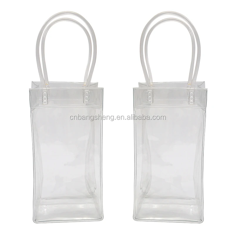High quality transparent eco-friendly easy carry plastic pvc ice bag with handle clear pvc wine tote bag