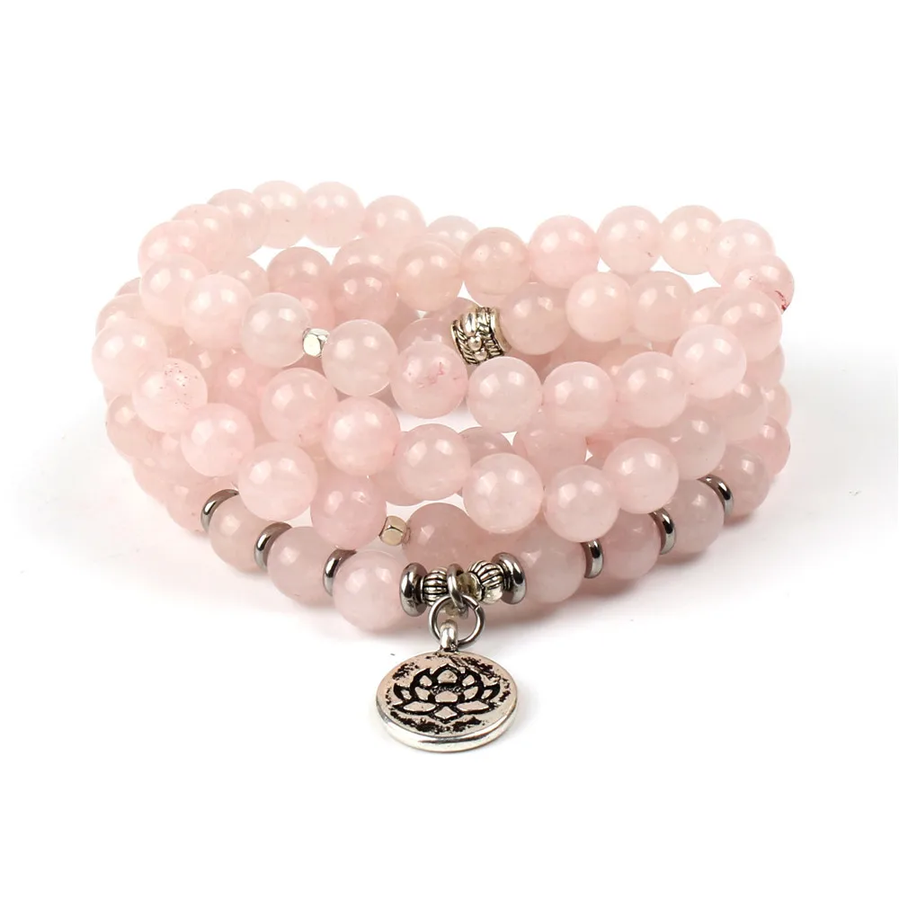 

Rose Quartz Round Bead Lotus Charm 108 Mala Bead Yoga Buddhist Necklace, Pink