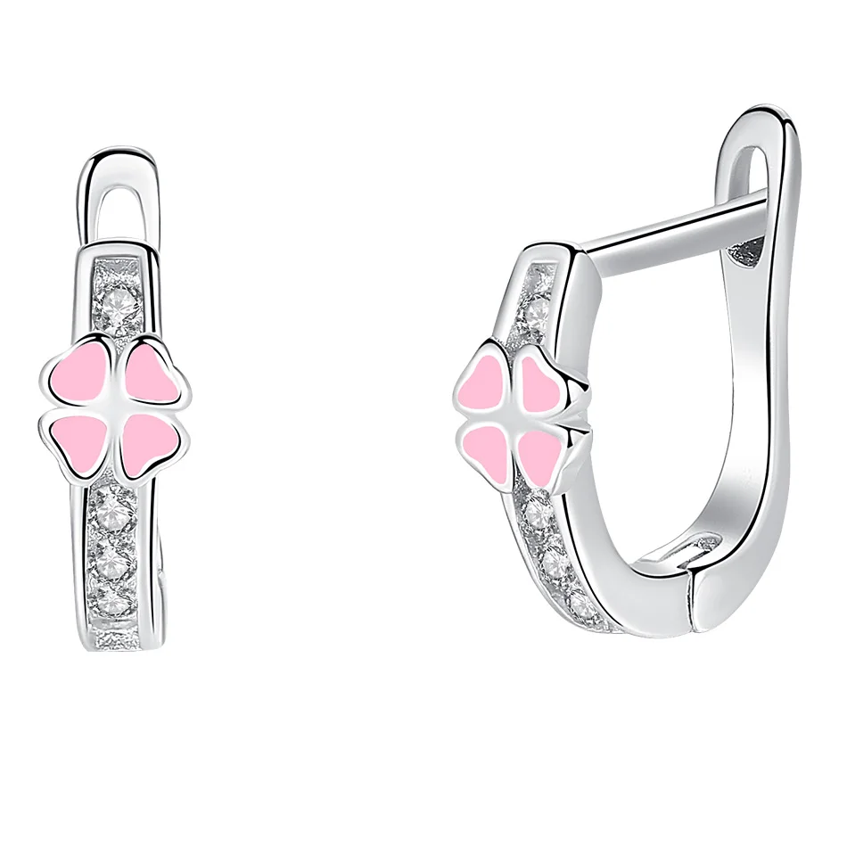 

Real 925 Sterling Silver Earrings Clear CZ Pink Enamel Lucky Clover Earrings For Fashion Jewelry Children Family Party Gift