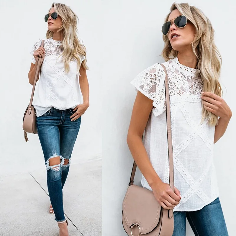 

2019 Spring And Summer Fashion Lace Geometric Pattern Button Short Sleeve Blouse T-shirt 100% Cotton, White;blue;grayish purple