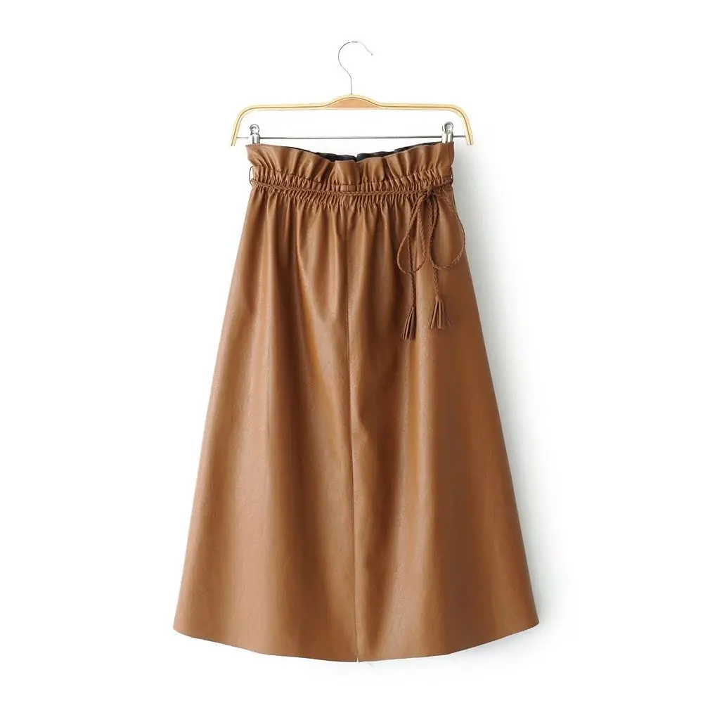 

2018 Latest loose woman promotion Synthetic leather plain color belt half skirt, Brown and black