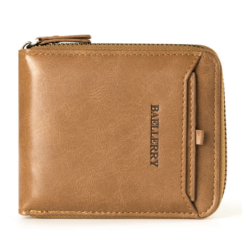 

Wholesale Retro male horizontal zipper bag card holder Young Men's Money Clip Coin purse Baellerry men's wallet, 4 colors or customized