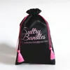 Wholesale Printed Black Hair Packaging Satin Bags With Pink Tassel For 3 Bundles