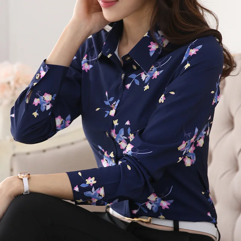 

2019 Fashion Summer Women's Long Sleeve Chiffon Floral Blouse Ladies Shirt Elegant Design Tops Wholesale Camisas, N/a