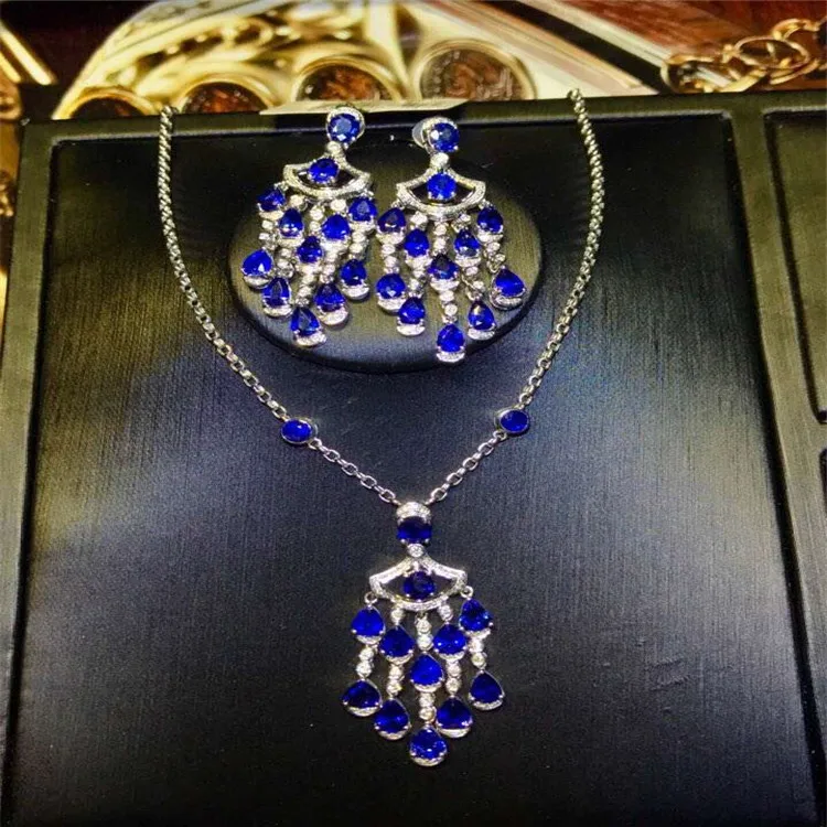 

Sri Lanka gemstone wedding jewelry18k gold South Africa real diamond natural blue sapphire earring pendant necklace set