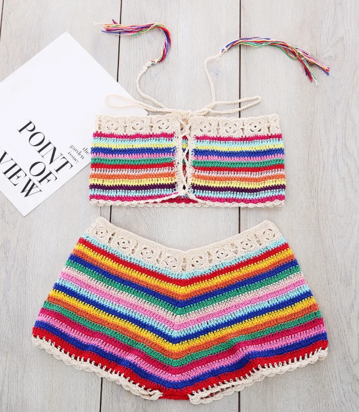 

Fashion crochet bikini summer set in rainbow colors bandage swimwear, Colorful