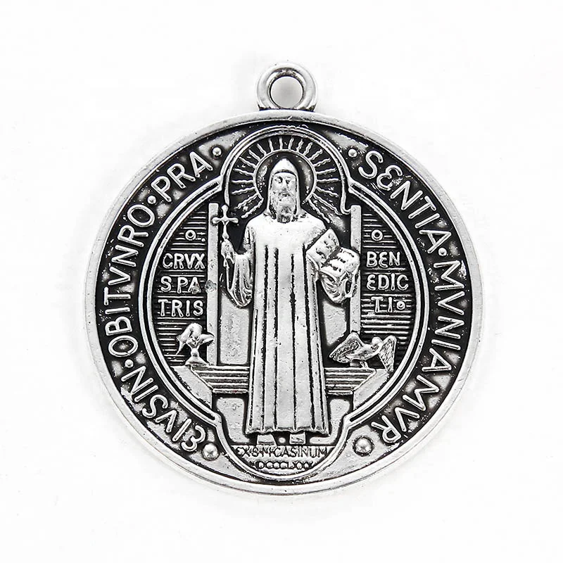 

San Benito Medal Cross Jesus Pendant Zinc Alloy Saint Benedict Silver Link Chain Necklaces for Women Men Religious Jewelry Charm