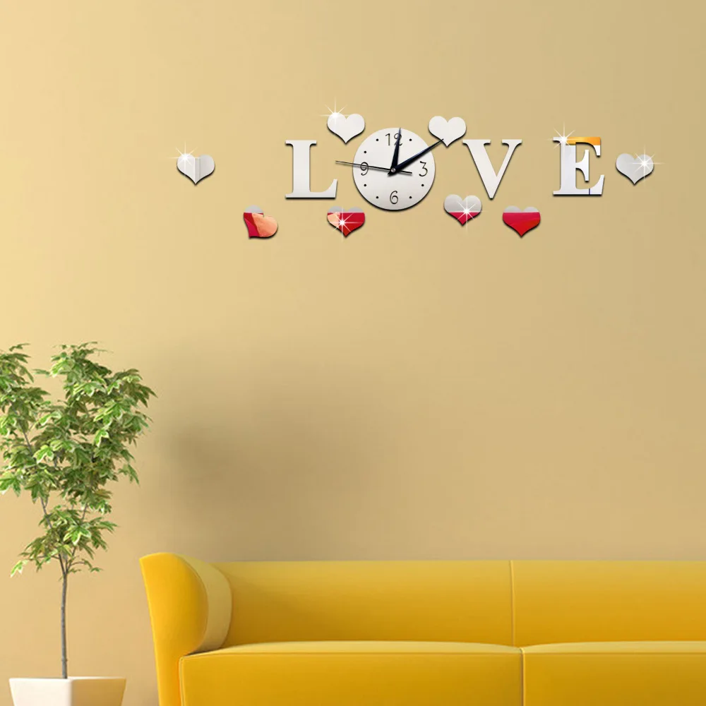 

LOVE mute mirror wall clock living room decoration acrylic 3d digital wall clock