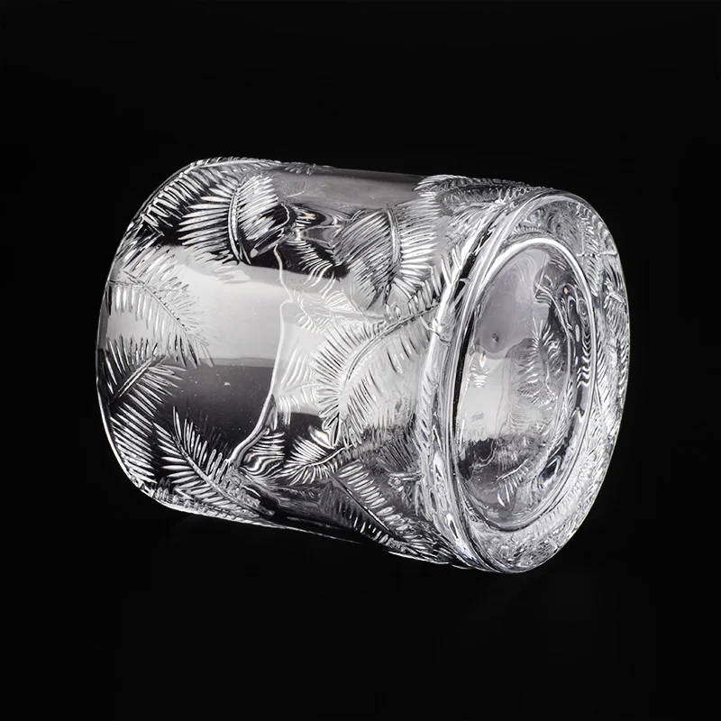 Cylinder customized leaf pattern candle vessel glass candle holder cup home deco