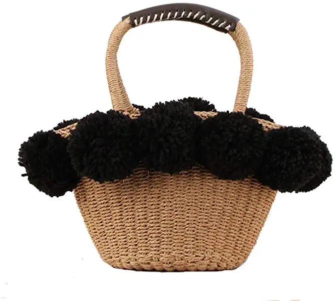 

Straw Hand Woven Beach Bag for Women with Pom Poms Drawstring Retro Summer Beach Handbag