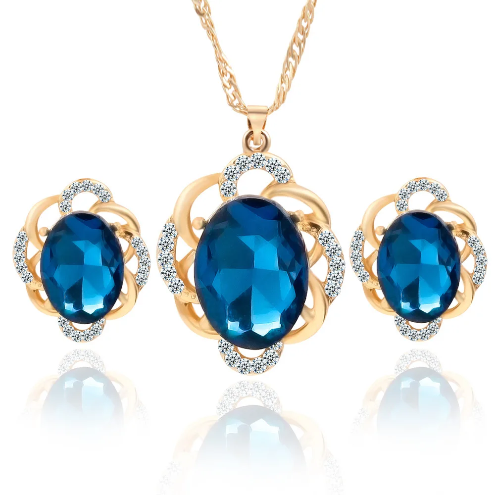 

Fashion 18K Gold Plated Austrian Crystal Rhinestone Blue Gemstone Earring Necklace Wedding Jewelry Set Gift, Gold silver