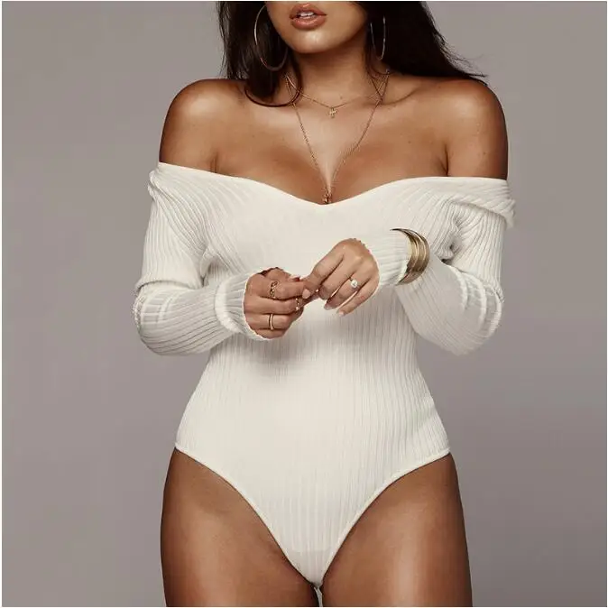 

SP3126A 2019 Fall Winter Long Sleeve Rib Knit Sexy Black White Women Rompers Jumpsuit