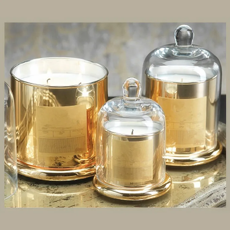 High Quality Decorative Round Electroplated Golden Glass Candle Holder