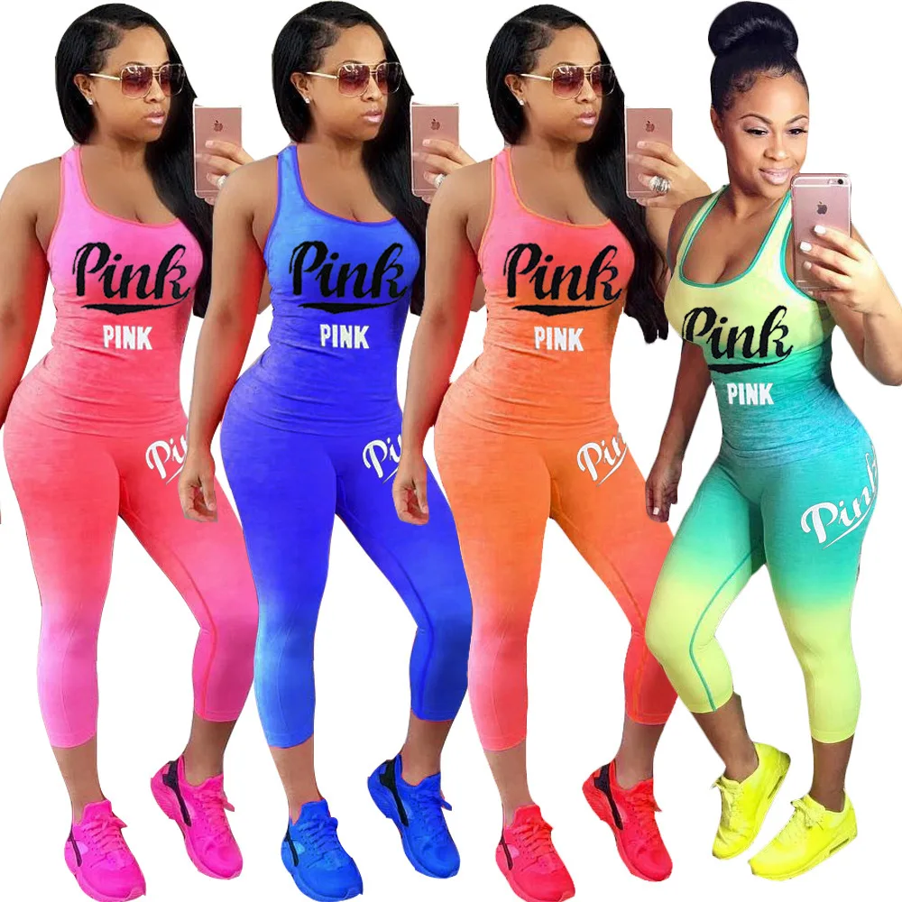 

Hot Letter Print Women Outfits Sleeveless T-Shirt And Long Pants 2 Piece Set Fitness Women Summer Tracksuit