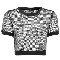 

Women's sexy fashion round neck mesh exposed navel perspective short Top Black Fishnet Crop Shirt with Short Sleeves