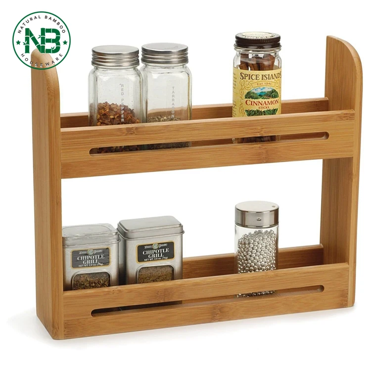 New 2 Tier Pine Natural Wood Wall Mounted Free Standing Wood Wooden Spice Herb Storage Rack Jar Stand Holder