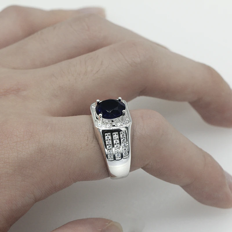 Malaysia 925 Sterling Silver Big Blue Stone With Cubic Zircon Men 