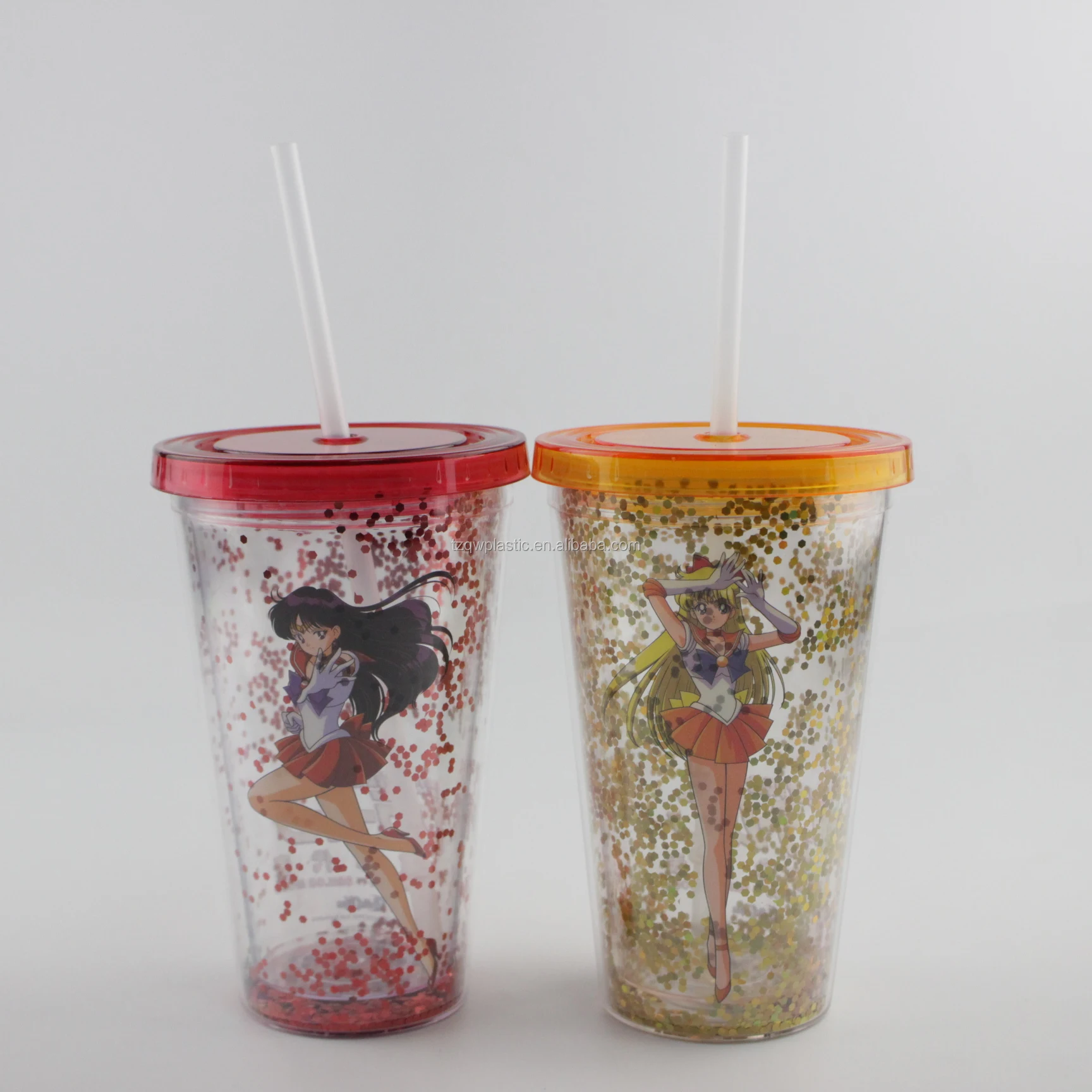 Double Wall Glitter Straw 16oz Plastic Glitter Drinking Tumbler Plastic