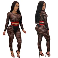 

Sexy Short Crop Top And Long Pants Set 2 Piece Women Black Transparent Long Sleeve Outfits Bodycon Night Club Wear