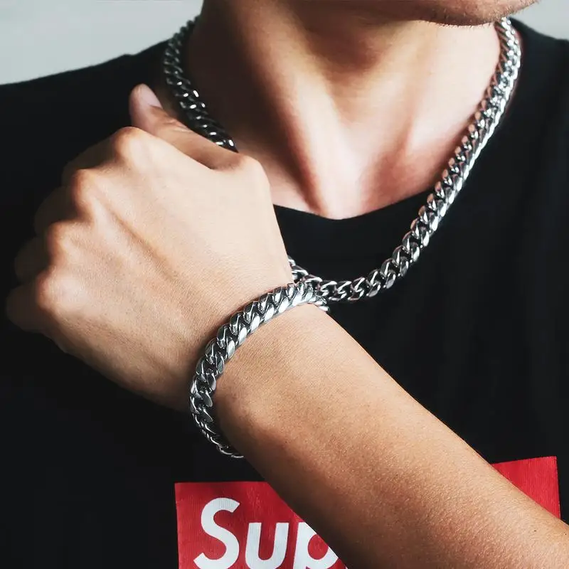 Krkc&co 10mm Stainless Steel Chain And Bracelet Set 28inch Cuban Link