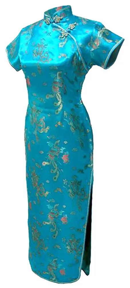 7Fairy Women's Vtg Turquoise Dragon Long Chinese Dress Cheongsam Size