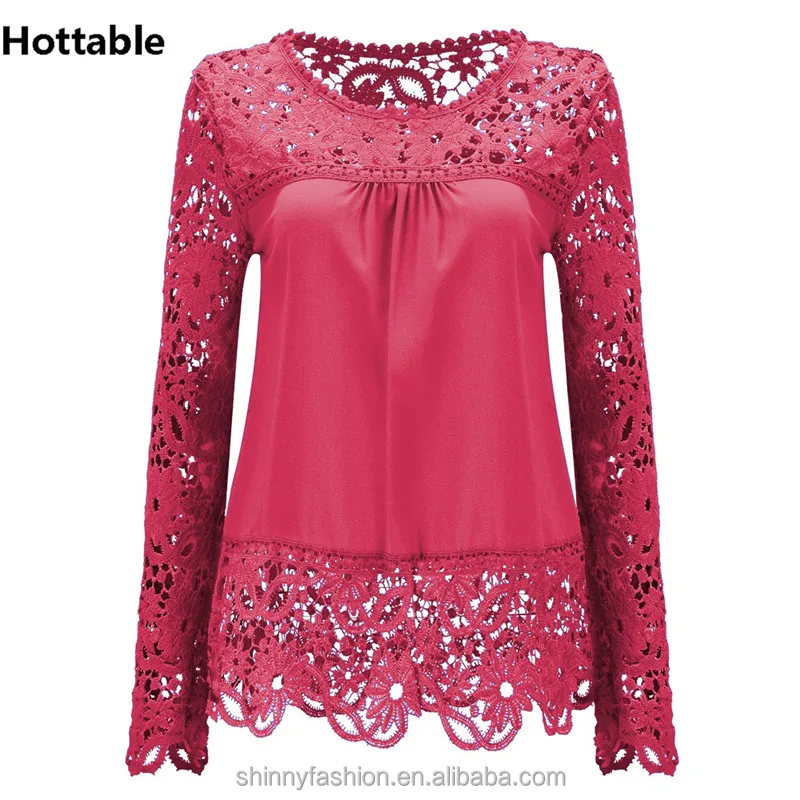 

2018 Women Long Sleeve Chiffon Blouse Hollow Lace Splice Tops, N/a
