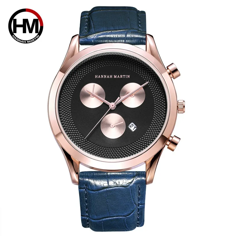 HM-302 Leather Band Japan Movement Mens Watch with Three Buttons