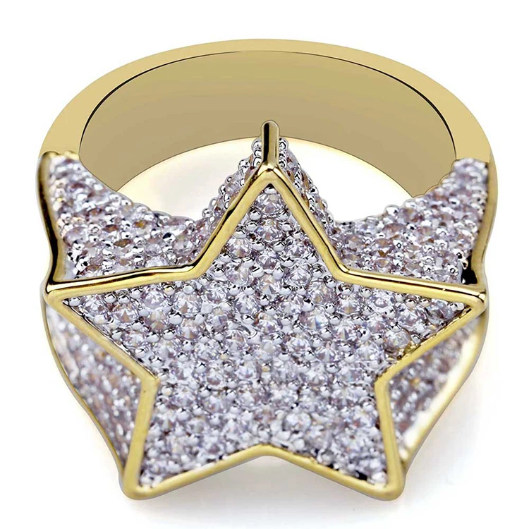 Wholesale 18k Gold Star Shape Ring For Men's Hip Hop Jewelry Full Bling