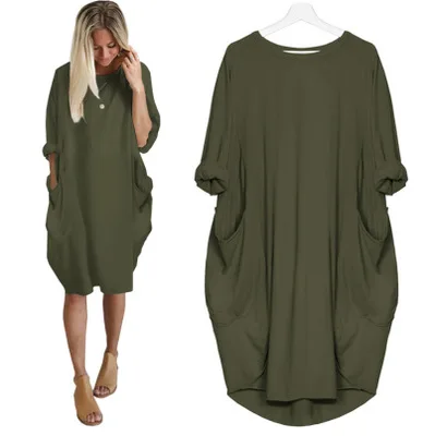 

Wholesale Plus Size Women Dresses 5XL Long Sleeve Loose Plain Tunic Shirt Dress, Black,army green,blue,brown,