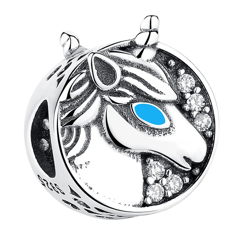 

100% 925 Sterling Silver Blue Enamel Animal Unicorn Horse Charms Beads Fit Bracelet Bangle DIY Jewelry