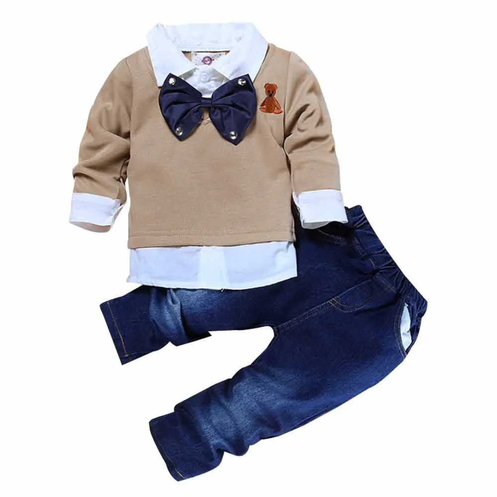 

Children's clothing Sets with long sleeves Autumn Costume Gentleman T-shirt + Jeans wholesale children's boutique clothing set, As picture