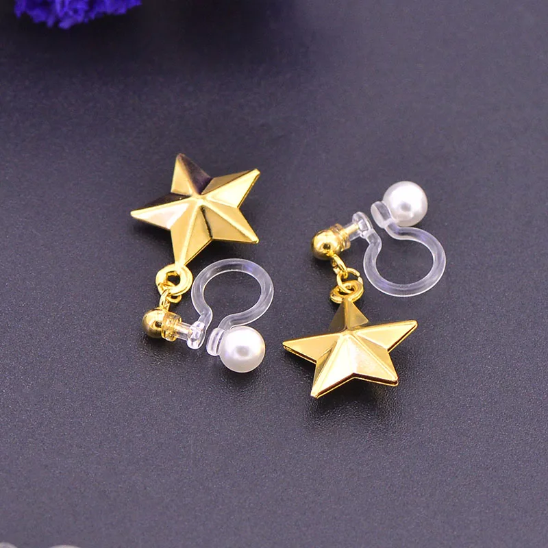 

Non piercing Golden metal five-pointed star Earrings with pearl