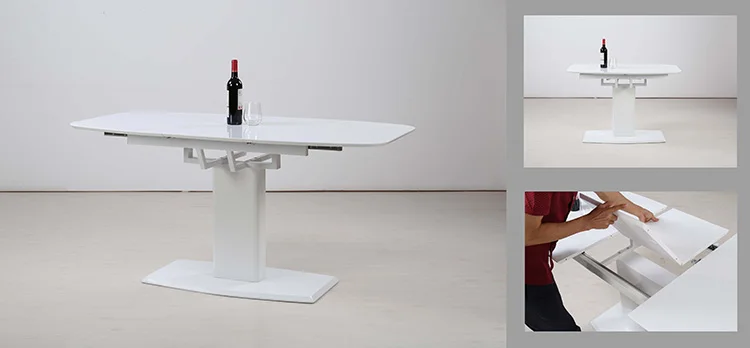 Modern mdf furniture white high gloss extendable expandable adjusted luxury wooden dining table with metal stand\t