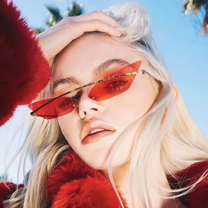 

New Rimless Alloy Cat Eye Sunglasses For Women Red Pink MIrror Lens Eyewear 2019 New Brand Designer Sun Glasses Fashion Shades, As picture