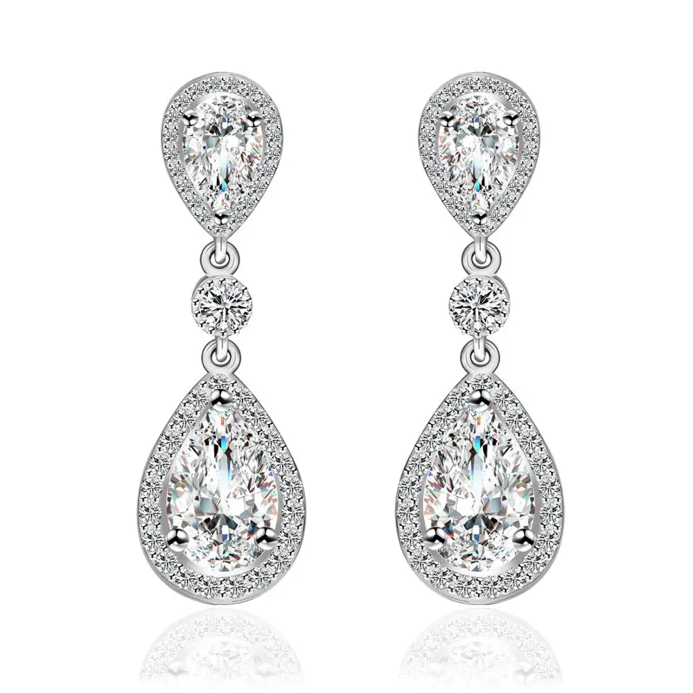 Wedding Earring Antique Silver Clear Dangle Tear Drop CZ Crystal Bridal Earrings
