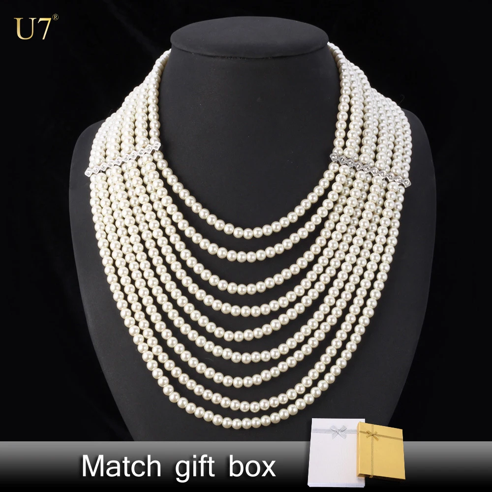 

U7 long White Pearl Choker Necklace for Bride Multi-Layer Pearl Necklace with gift box String Beaded Pearl Choker