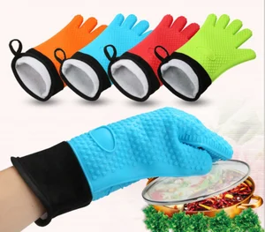 Image of Heat Resistant Silicone Oven Gloves Mitts Kitchen Heatproof BBQ Cooking Grilling Baking Protective Gloves With Canvas Cotton