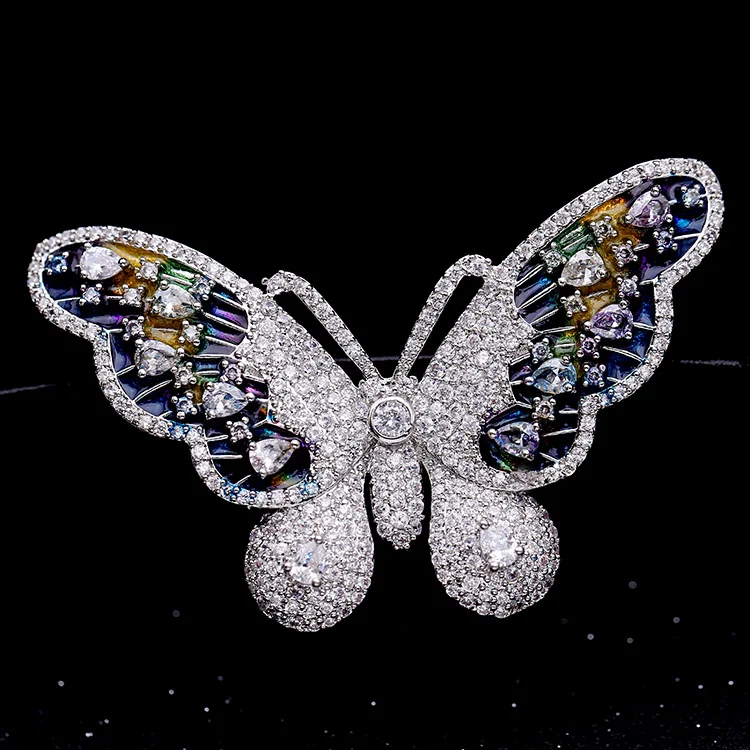 

Luxury Insect Colored Blue Enameled Diamond Bridal Dress Brooch Micro Pave CZ Crystal Rhinestone Butterfly Brooches, White butterfly brooch