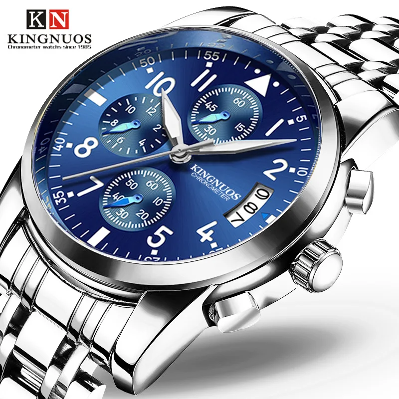 

Kingnuos 013 Stainless Steel Band Calendar Three Eyes Luminous Waterproof Wrist Watch Men Brand, As the picture