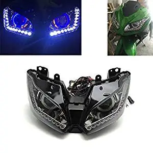 ZX-6R Headlight Assembly HID Projector LED Angel Eye Lamp Light for Kawasaki NNJA300 2013-2016, NINJA 250 2013-2016 Blue