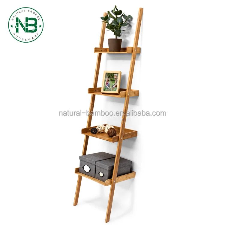 Bamboo Ladder Bookshelf 4 Shelves Wall Bookcase Wooden